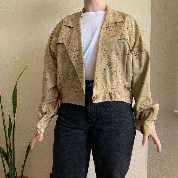 100% silk 80s style paint splatter khaki cropped bomber jacket - Picture 2 of 11